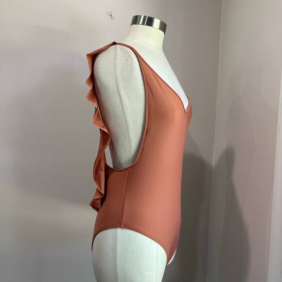 Aerie Ruffle Low Back One Piece Tan Terracotta One Piece Bathing Suit Size L - Picture 2 of 9